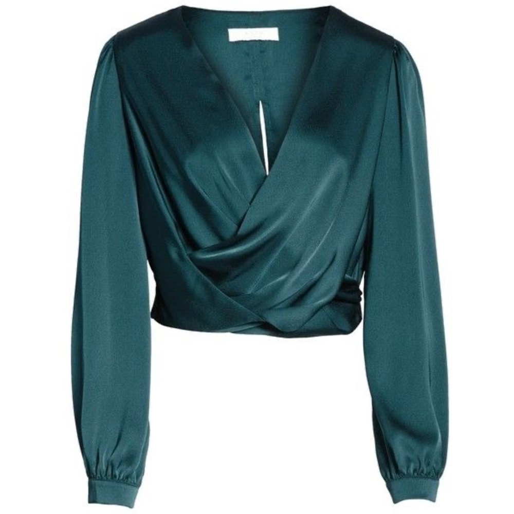 Nordstrom Astr The Label emerald green Satin Crop Faux Wrap long sleeve Top
